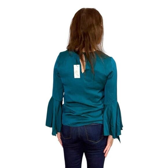 NWT Milly Teal 3/4 Flare Sleeve Silk Blouse - “Peacock Holly Top” - Size 6 - Picture 7 of 14